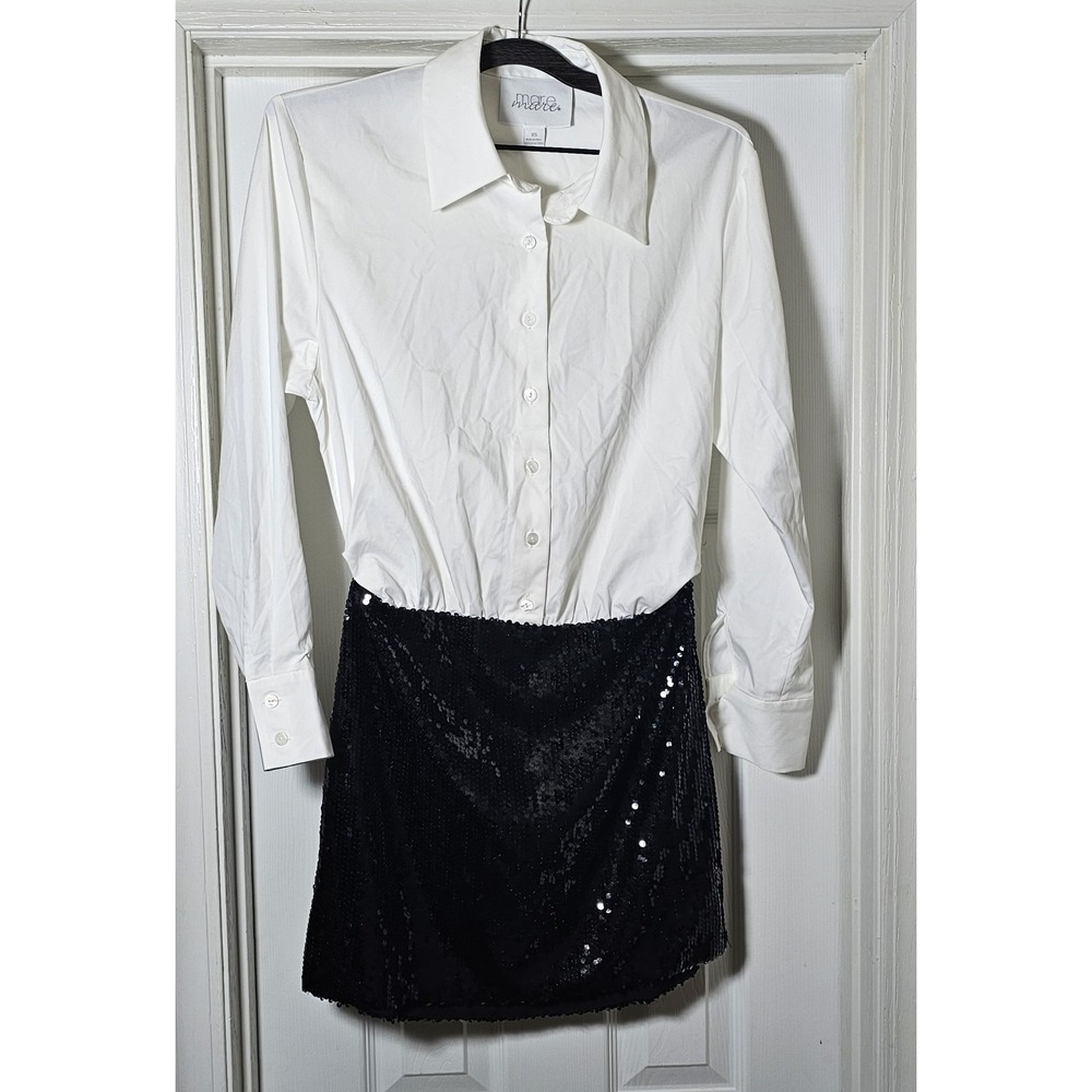 Anthropologie Mare Mare Collared Shirt Sequin Mini Dress Size XS Black White
